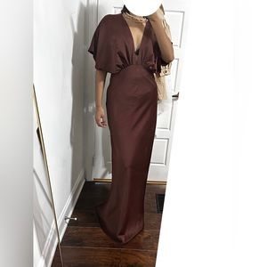 BHLDN Anthropologie Leila Deep V Flutter Sleeve Satin A Line formal Gown